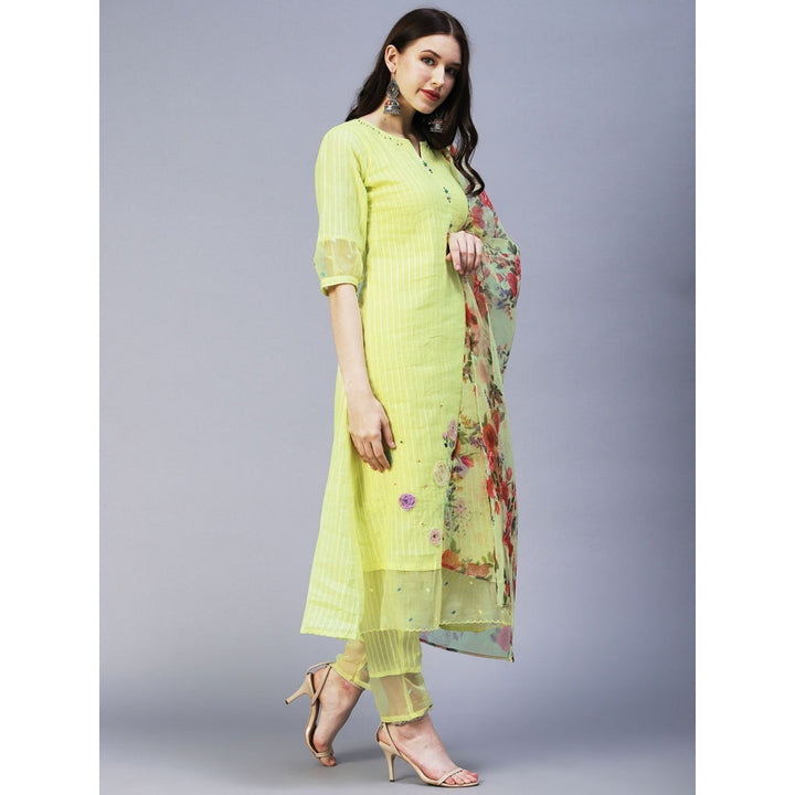 FASHOR Lurex Striped & Hand Embroidered Straight Kurta with Pants Dupatta - Yellow (Set of 3)