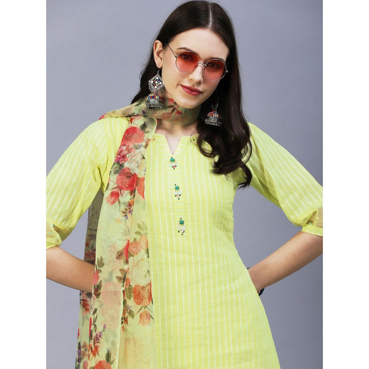 FASHOR Lurex Striped & Hand Embroidered Straight Kurta with Pants Dupatta - Yellow (Set of 3)