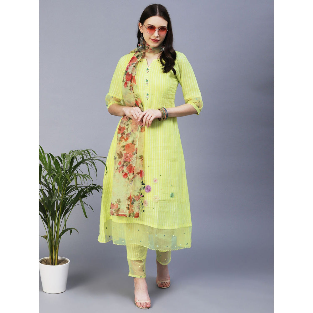 FASHOR Lurex Striped & Hand Embroidered Straight Kurta with Pants Dupatta - Yellow (Set of 3)