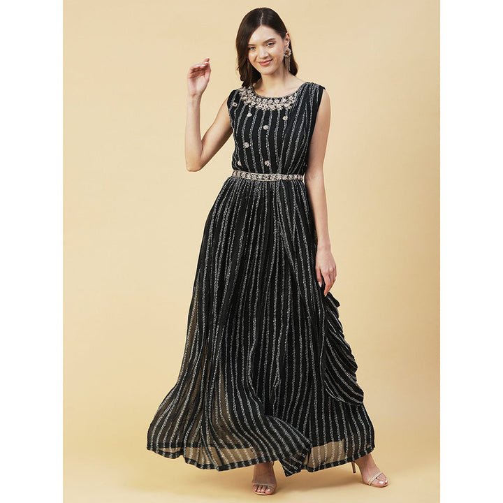 FASHOR Stripes Printed & Floral Hand Embroidered Fit & Flare Maxi Dress - Black (Set of 2)