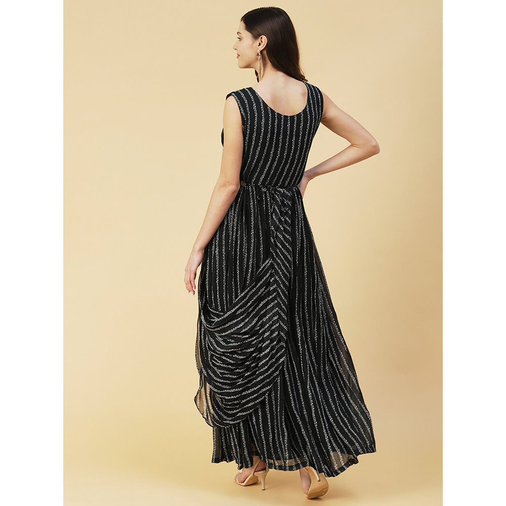 FASHOR Stripes Printed & Floral Hand Embroidered Fit & Flare Maxi Dress - Black (Set of 2)