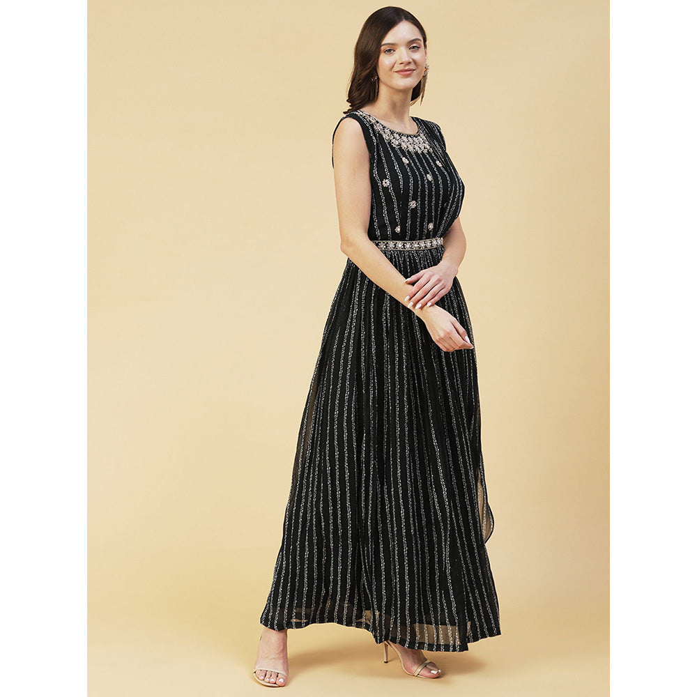 FASHOR Stripes Printed & Floral Hand Embroidered Fit & Flare Maxi Dress - Black (Set of 2)