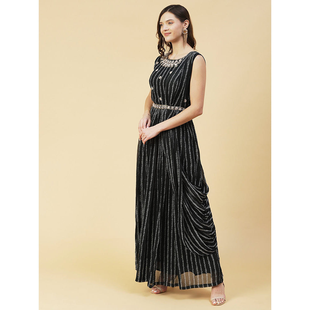 FASHOR Stripes Printed & Floral Hand Embroidered Fit & Flare Maxi Dress - Black (Set of 2)