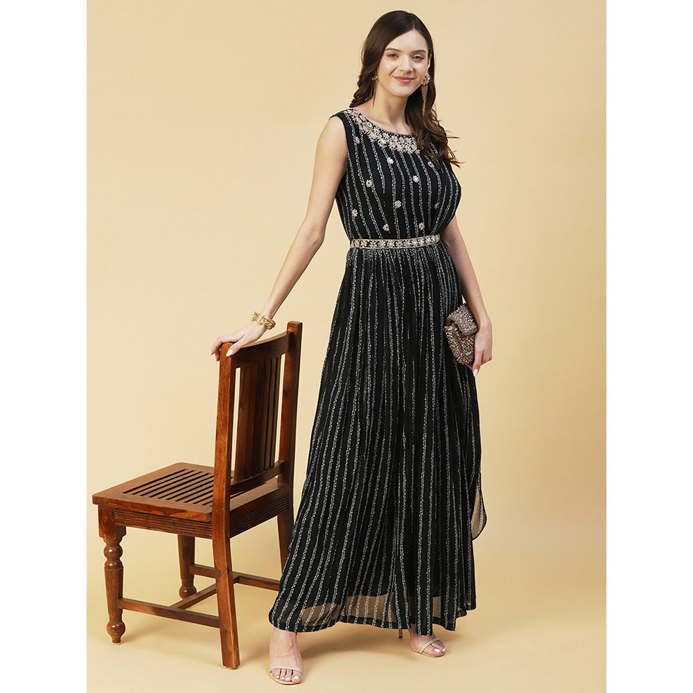 FASHOR Stripes Printed & Floral Hand Embroidered Fit & Flare Maxi Dress - Black (Set of 2)