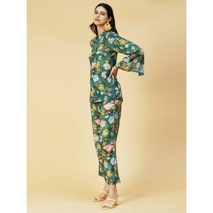 FASHOR Kalamkari Floral Printed Co-Ord Set - Green (Set of 2)