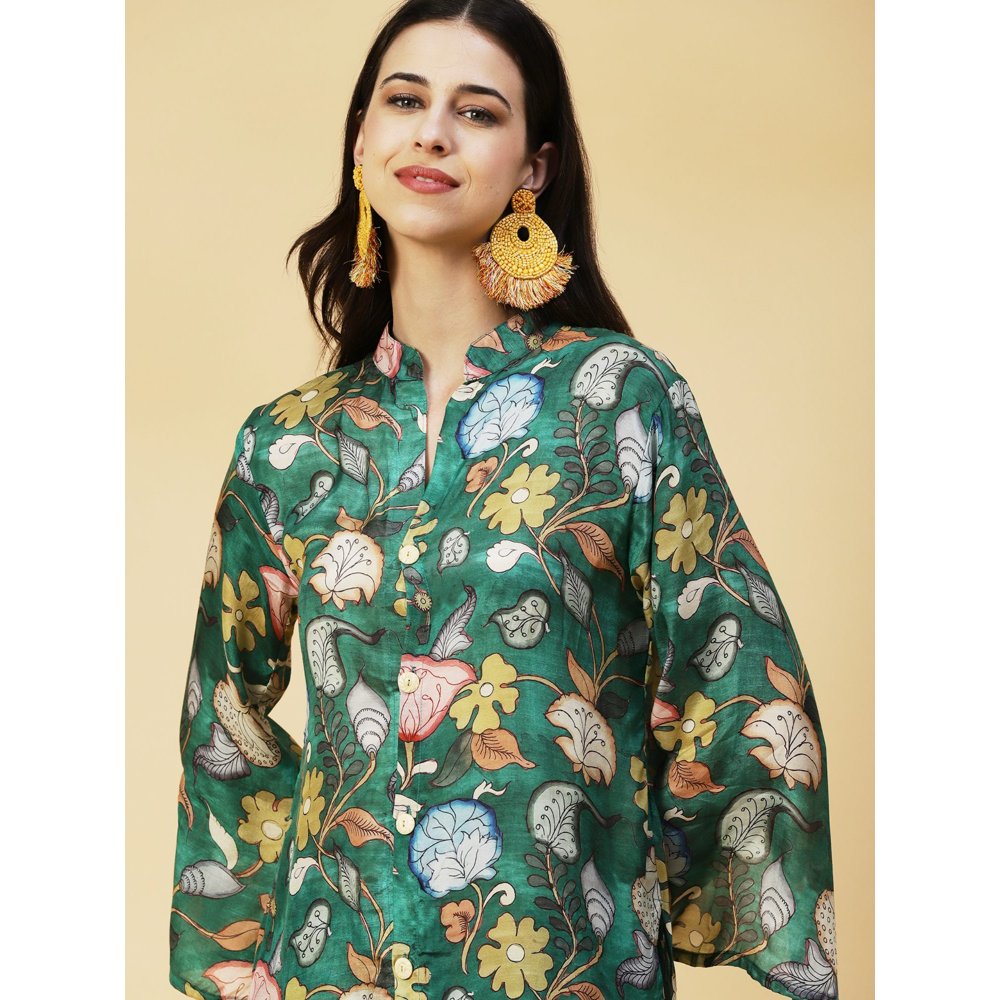 FASHOR Kalamkari Floral Printed Co-Ord Set - Green (Set of 2)