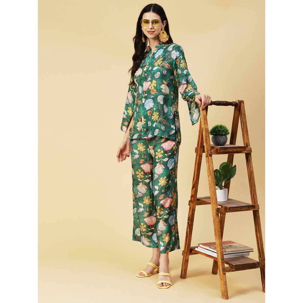 FASHOR Kalamkari Floral Printed Co-Ord Set - Green (Set of 2)