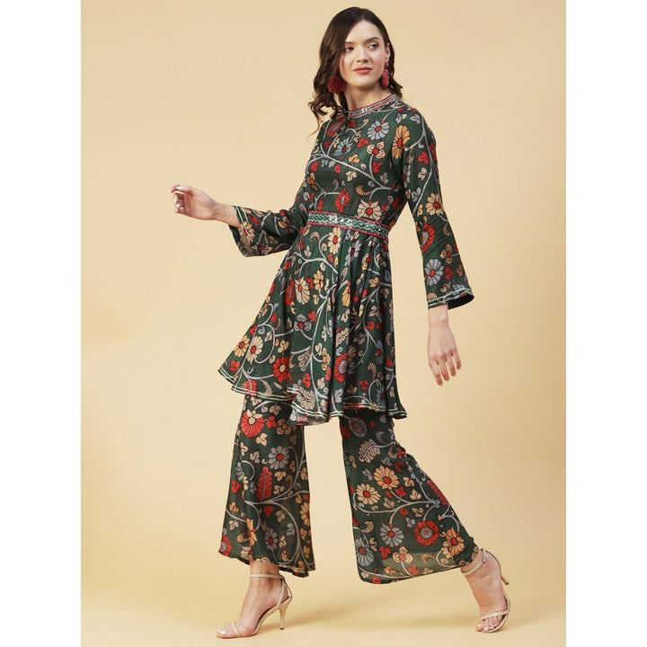 FASHOR Ethnic Floral Printed & Embroidered A-Line Kurta with Palazzo - Green (Set of 3)