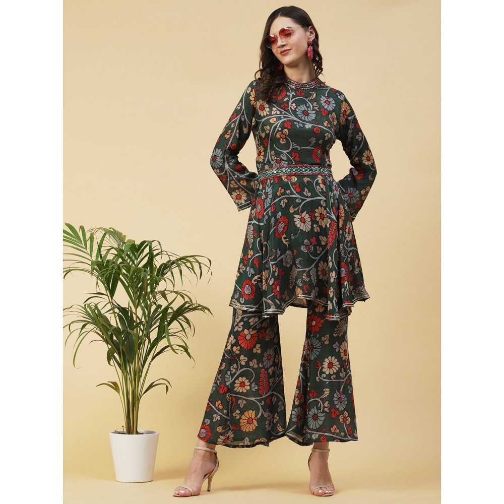 FASHOR Ethnic Floral Printed & Embroidered A-Line Kurta with Palazzo - Green (Set of 3)