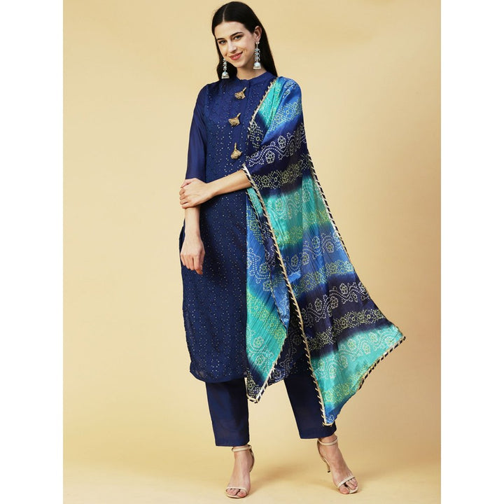 FASHOR Sequins Embroidered Kurta with Pants & Bandhani Dupatta - Blue (Set of 3)