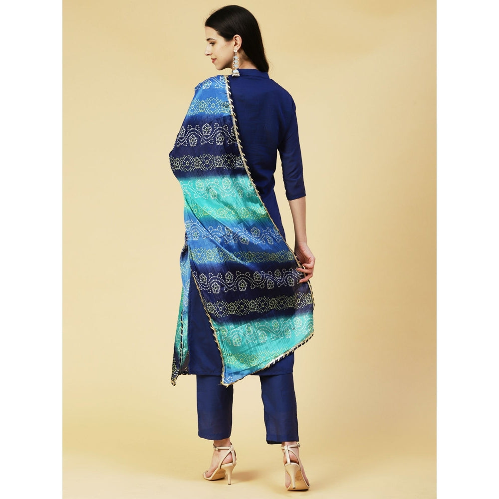 FASHOR Sequins Embroidered Kurta with Pants & Bandhani Dupatta - Blue (Set of 3)