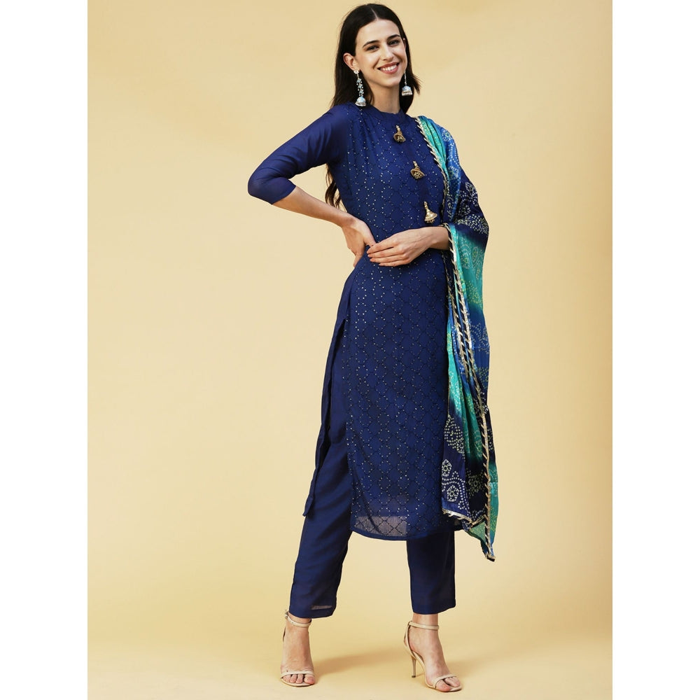 FASHOR Sequins Embroidered Kurta with Pants & Bandhani Dupatta - Blue (Set of 3)