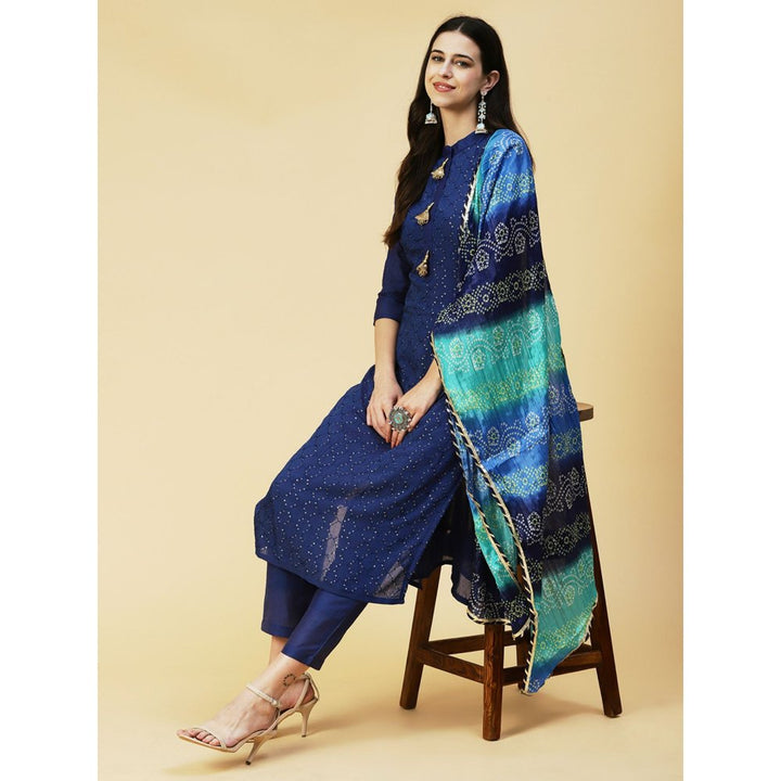 FASHOR Sequins Embroidered Kurta with Pants & Bandhani Dupatta - Blue (Set of 3)