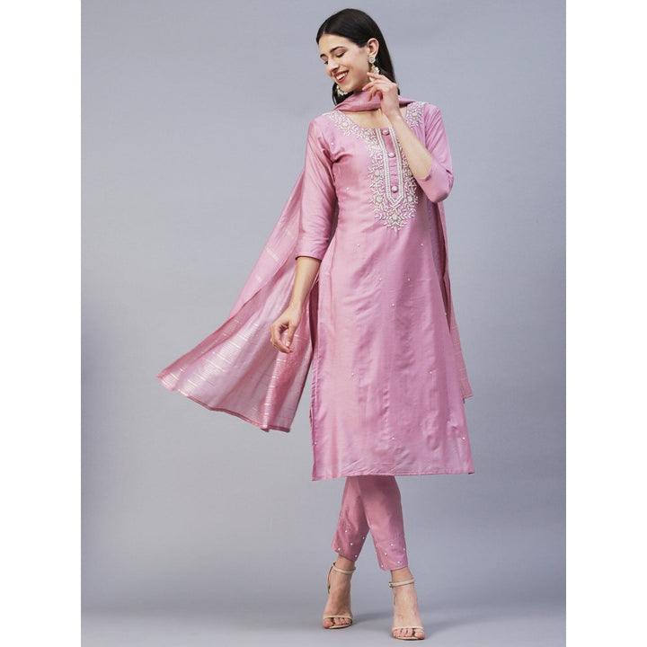 FASHOR Solid Beads and Pearl Kurta with Pants and Striped Dupatta - Pink (Set of 3)