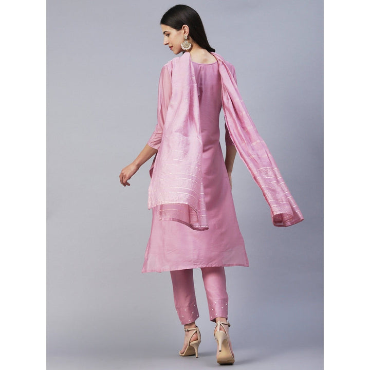 FASHOR Solid Beads and Pearl Kurta with Pants and Striped Dupatta - Pink (Set of 3)