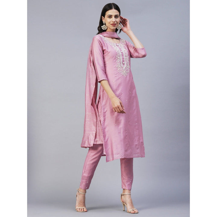 FASHOR Solid Beads and Pearl Kurta with Pants and Striped Dupatta - Pink (Set of 3)