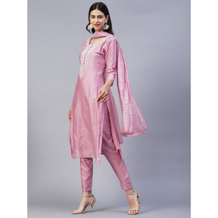 FASHOR Solid Beads and Pearl Kurta with Pants and Striped Dupatta - Pink (Set of 3)