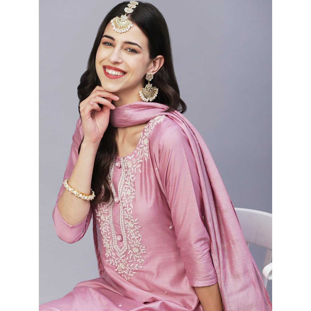 FASHOR Solid Beads and Pearl Kurta with Pants and Striped Dupatta - Pink (Set of 3)