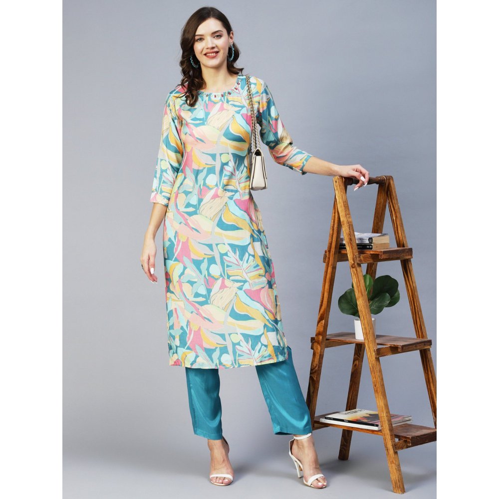 FASHOR Abstract Printed Beads Stones Kurta with Pants - Multi (Set of 2)