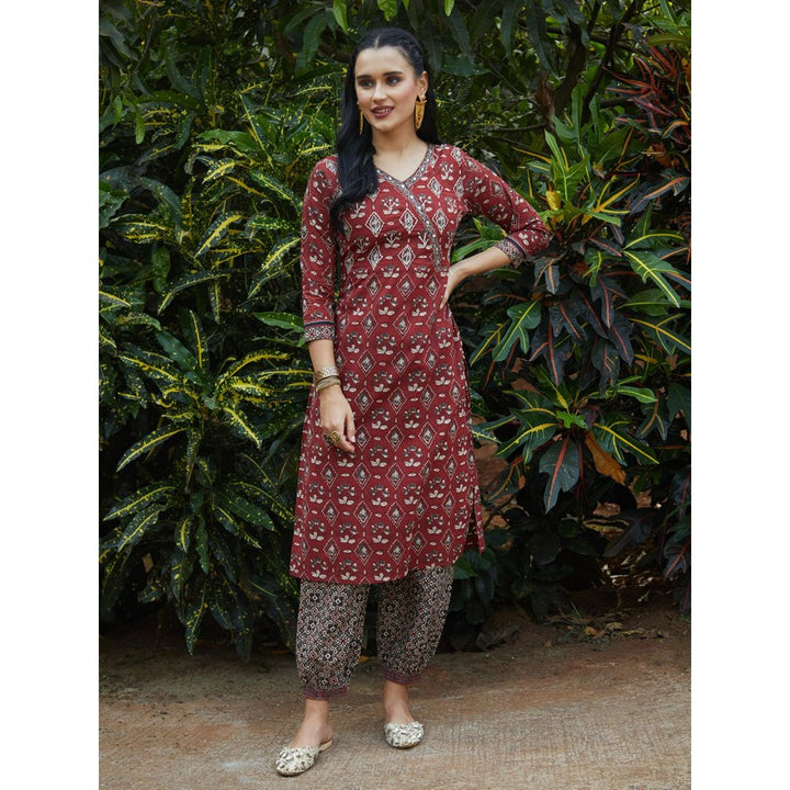 FASHOR Floral Printed Mirror and Zari Kurta with Printed Salwar - Maroon (Set of 2)