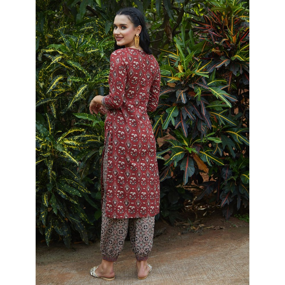 FASHOR Floral Printed Mirror and Zari Kurta with Printed Salwar - Maroon (Set of 2)