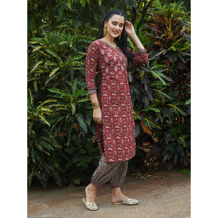 FASHOR Floral Printed Mirror and Zari Kurta with Printed Salwar - Maroon (Set of 2)