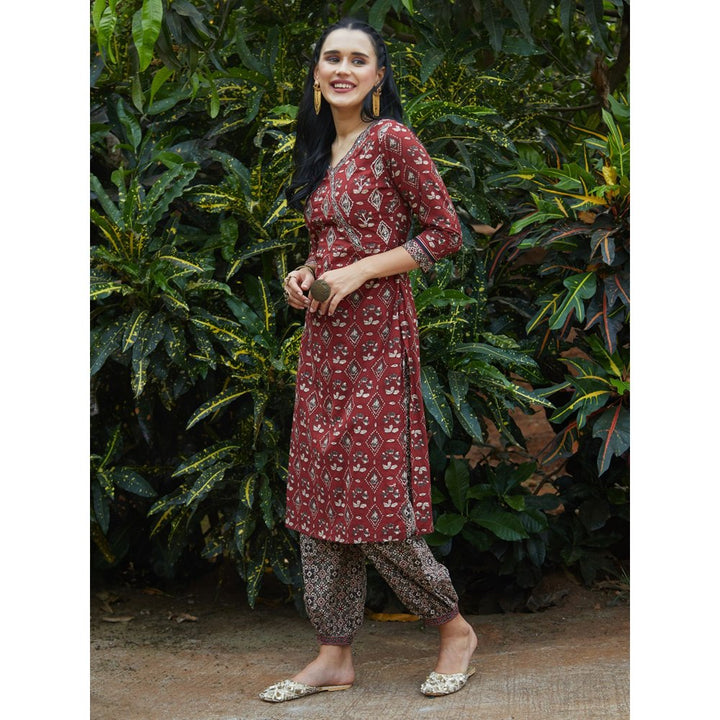 FASHOR Floral Printed Mirror and Zari Kurta with Printed Salwar - Maroon (Set of 2)