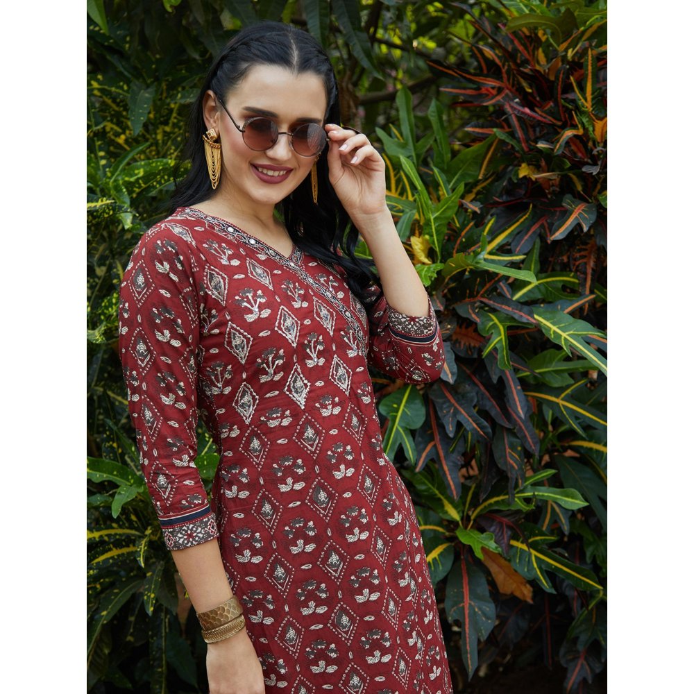 FASHOR Floral Printed Mirror and Zari Kurta with Printed Salwar - Maroon (Set of 2)