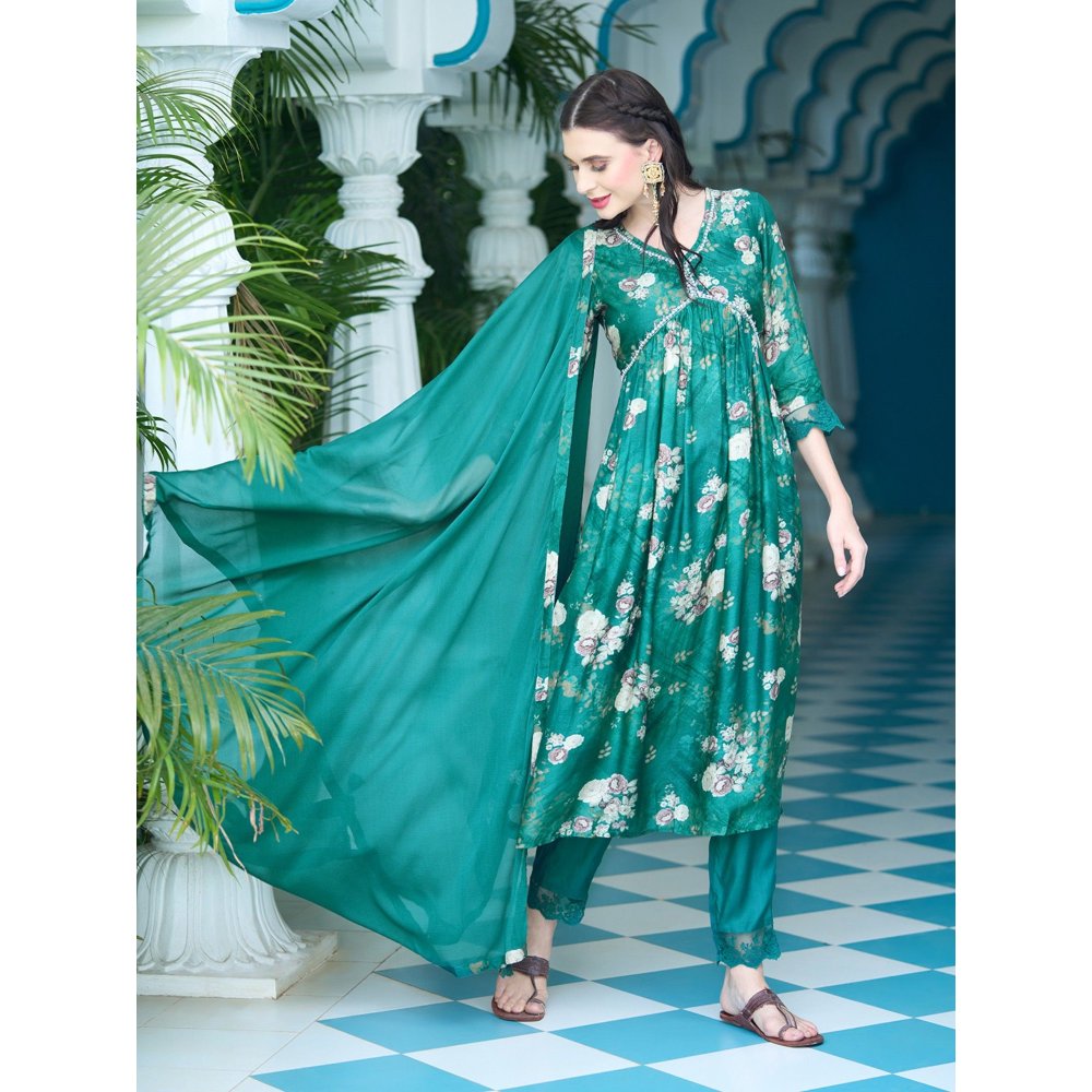 FASHOR Floral Printed Pearl Flared Kurta with Pants & Dupatta - Green (Set of 3)