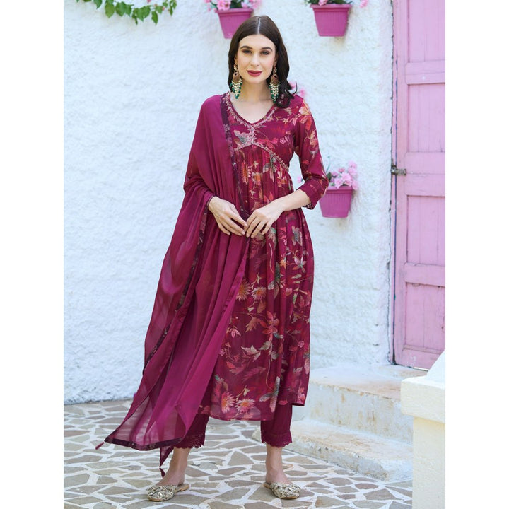 FASHOR Floral Printed Flared Kurta with Pants & Dupatta - Maroon (Set of 3)