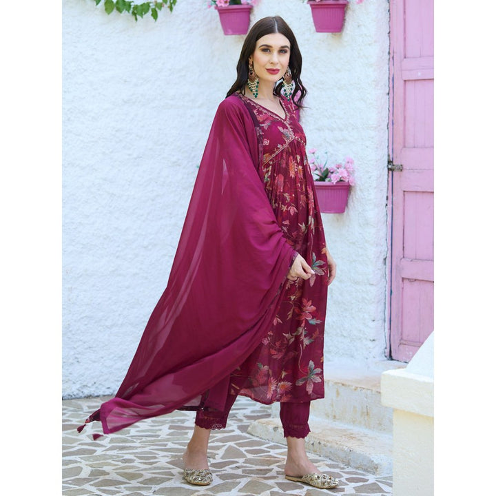 FASHOR Floral Printed Flared Kurta with Pants & Dupatta - Maroon (Set of 3)