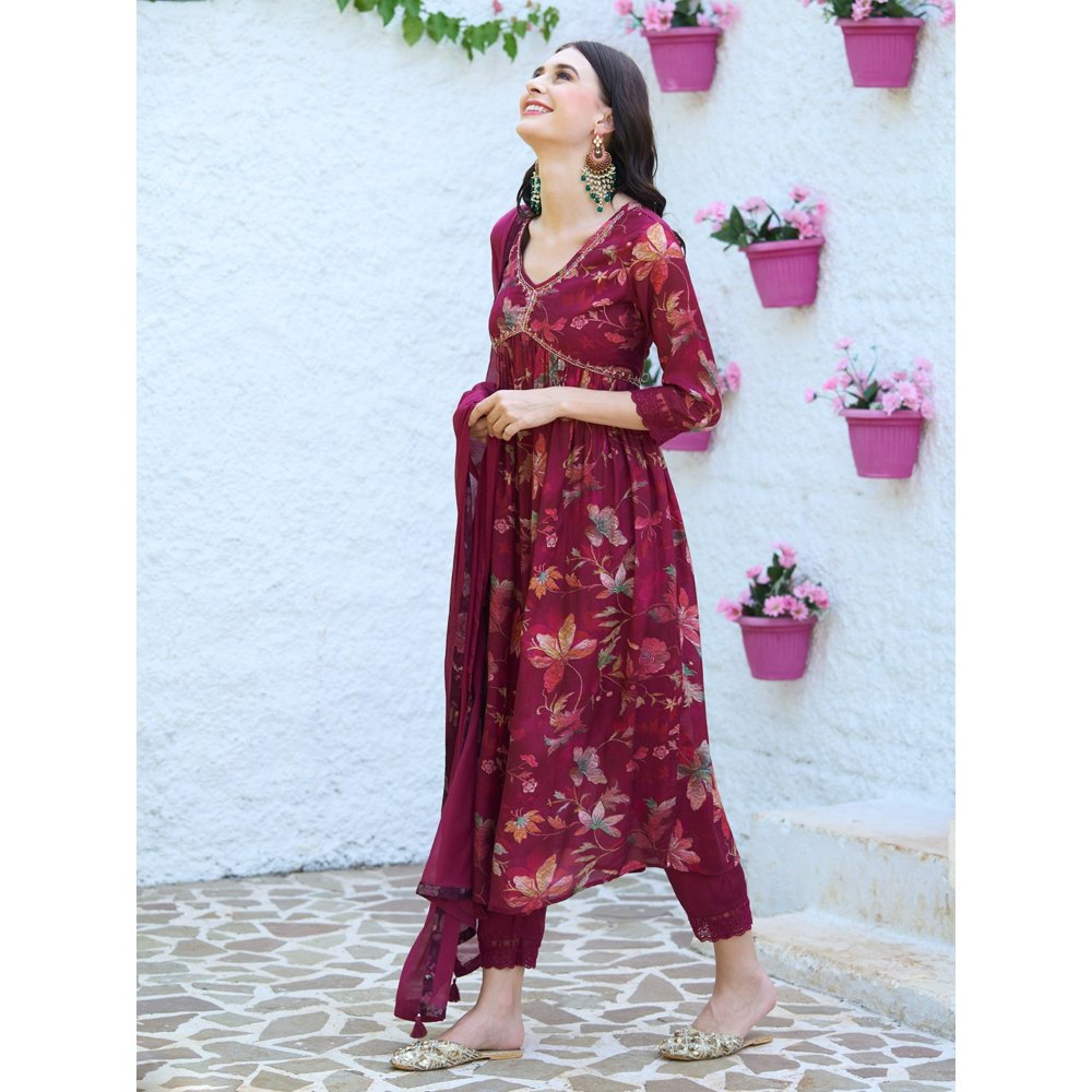 FASHOR Floral Printed Flared Kurta with Pants & Dupatta - Maroon (Set of 3)