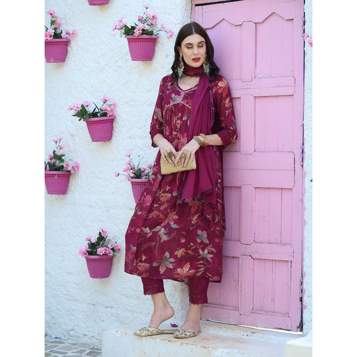 FASHOR Floral Printed Flared Kurta with Pants & Dupatta - Maroon (Set of 3)