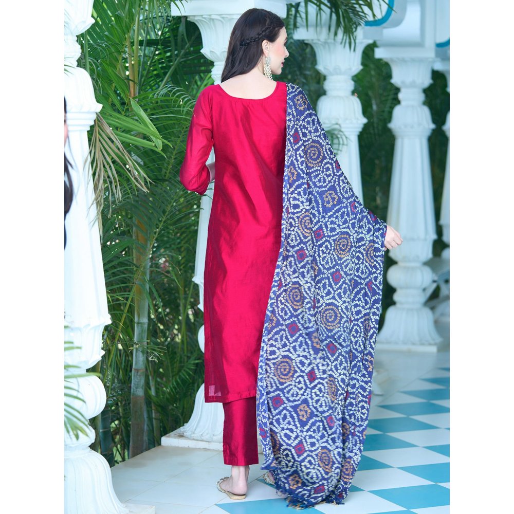 FASHOR Solid Mirror & Sequins Embroidered Kurta with Pants & Bandhani Dupatta - Red (Set of 3)