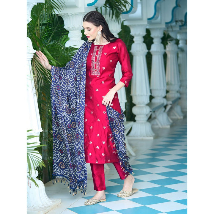 FASHOR Solid Mirror & Sequins Embroidered Kurta with Pants & Bandhani Dupatta - Red (Set of 3)