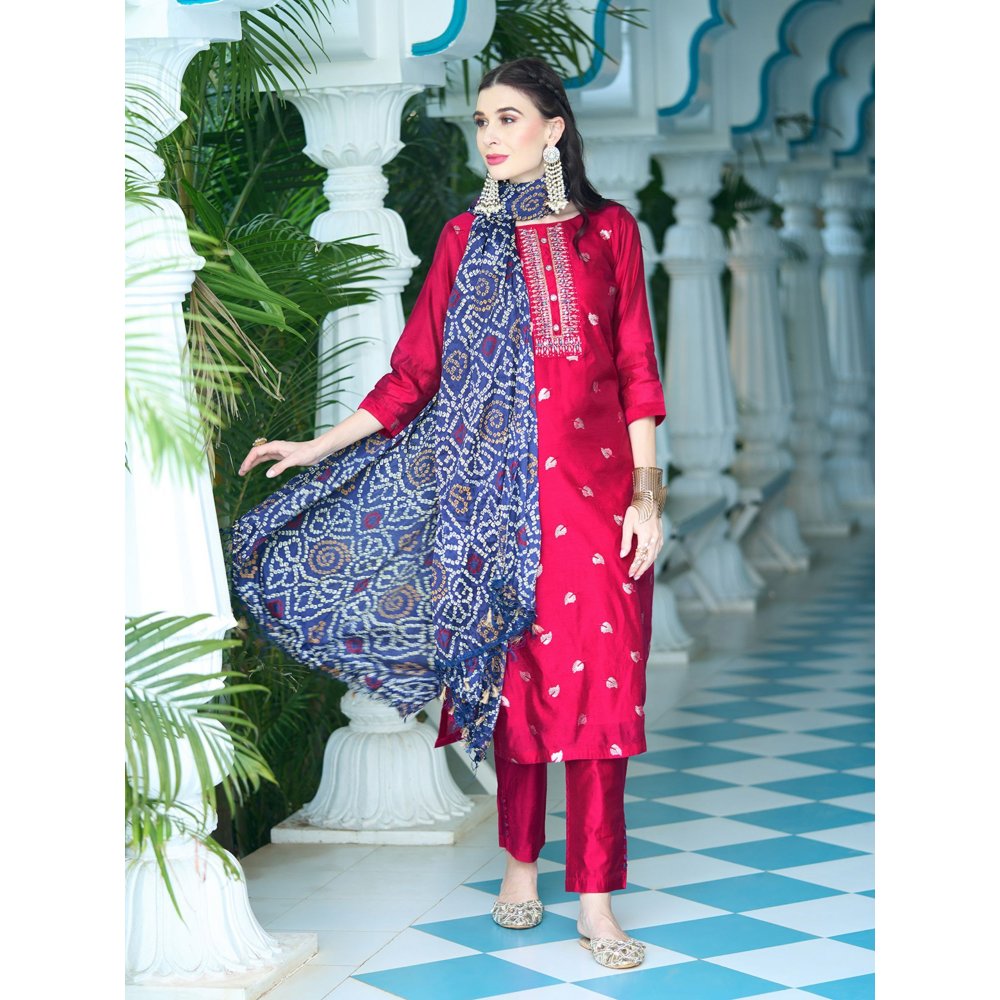 FASHOR Solid Mirror & Sequins Embroidered Kurta with Pants & Bandhani Dupatta - Red (Set of 3)