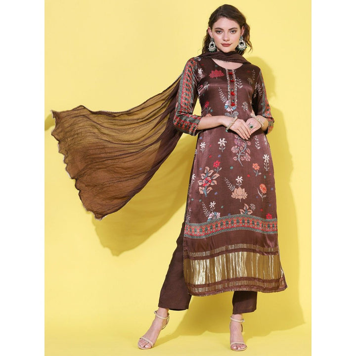 FASHOR Floral Printed & Hand Embroidered Kurta with Pants & Dupatta - Brown (Set of 3)