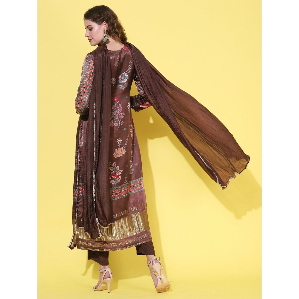 FASHOR Floral Printed & Hand Embroidered Kurta with Pants & Dupatta - Brown (Set of 3)