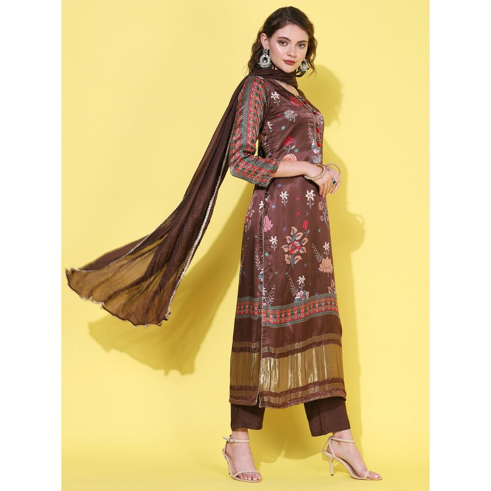 FASHOR Floral Printed & Hand Embroidered Kurta with Pants & Dupatta - Brown (Set of 3)