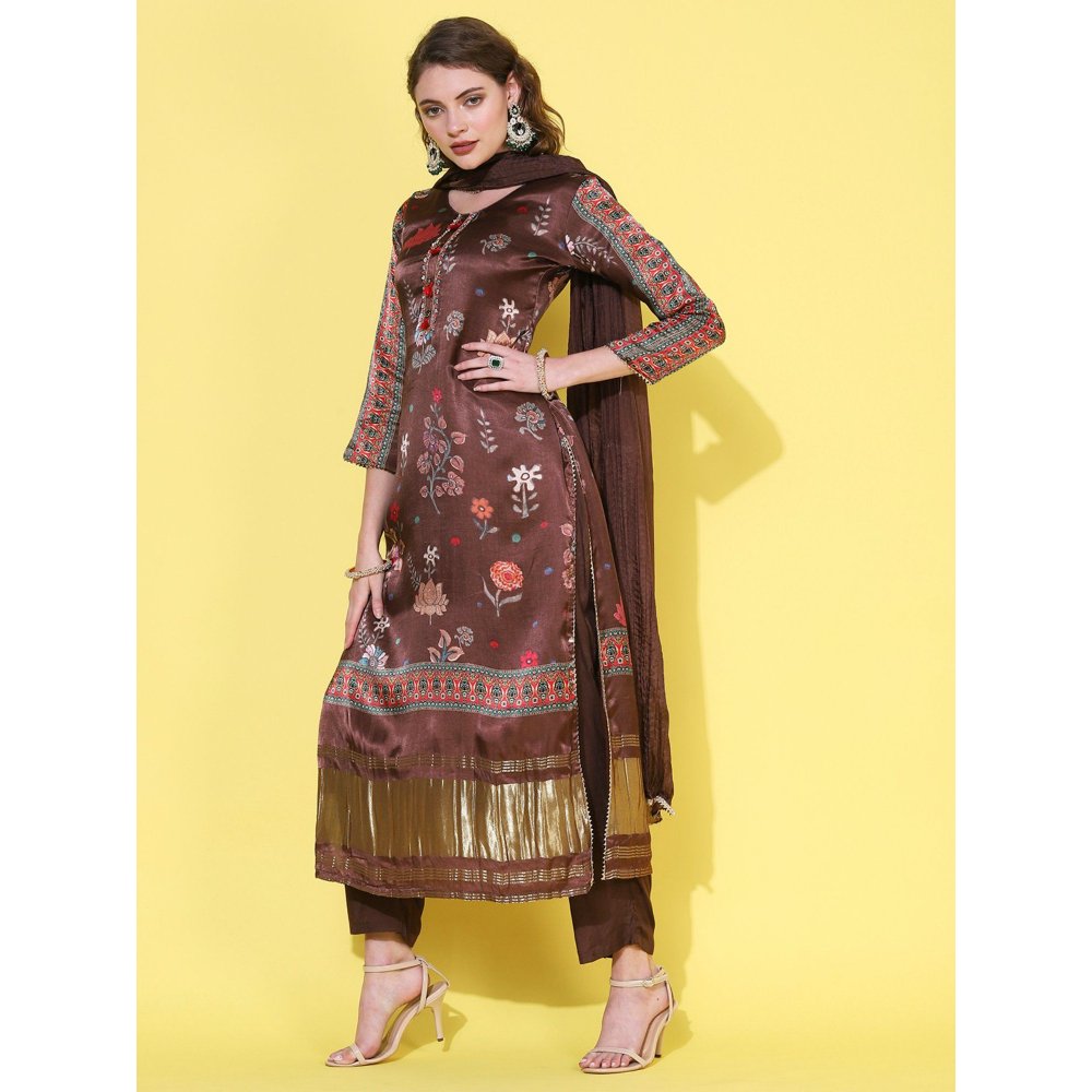 FASHOR Floral Printed & Hand Embroidered Kurta with Pants & Dupatta - Brown (Set of 3)