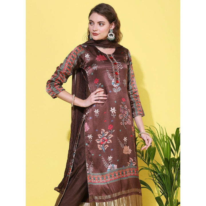 FASHOR Floral Printed & Hand Embroidered Kurta with Pants & Dupatta - Brown (Set of 3)