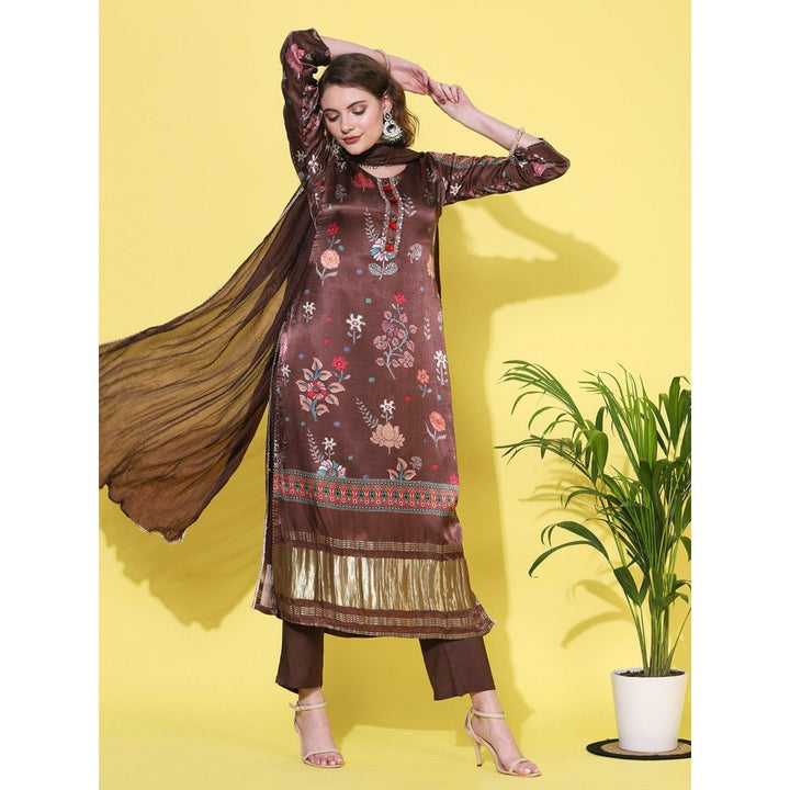 FASHOR Floral Printed & Hand Embroidered Kurta with Pants & Dupatta - Brown (Set of 3)