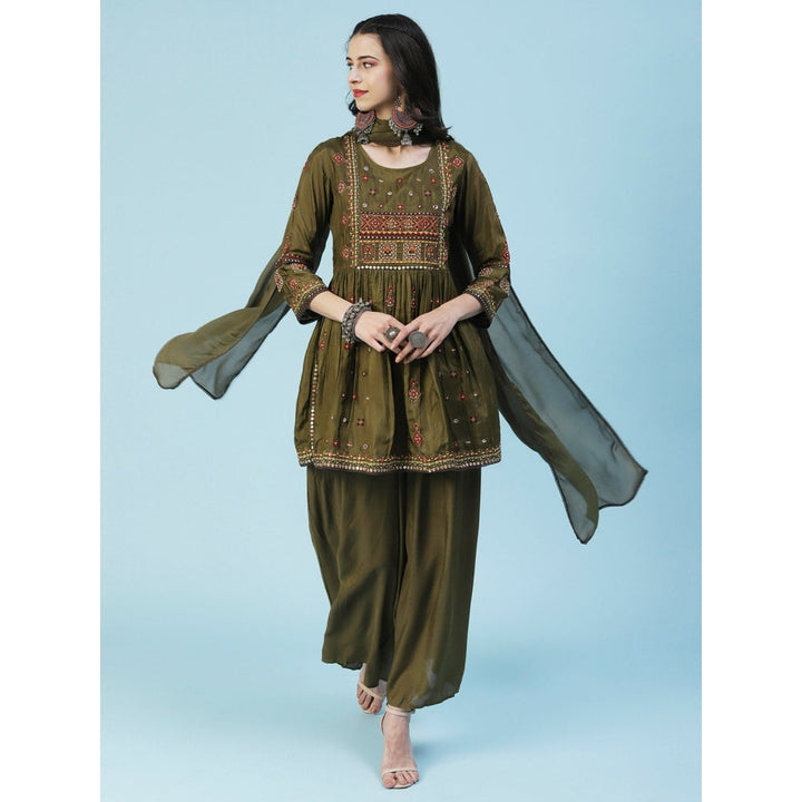 FASHOR Ethnic Embroidered Peplum Kurta with Palazzo & Dupatta - Olive (Set of 3)