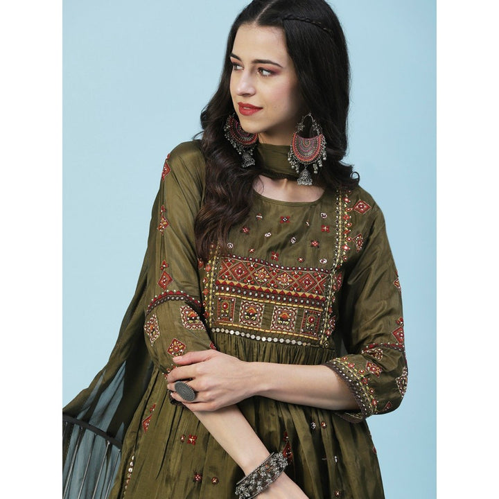 FASHOR Ethnic Embroidered Peplum Kurta with Palazzo & Dupatta - Olive (Set of 3)