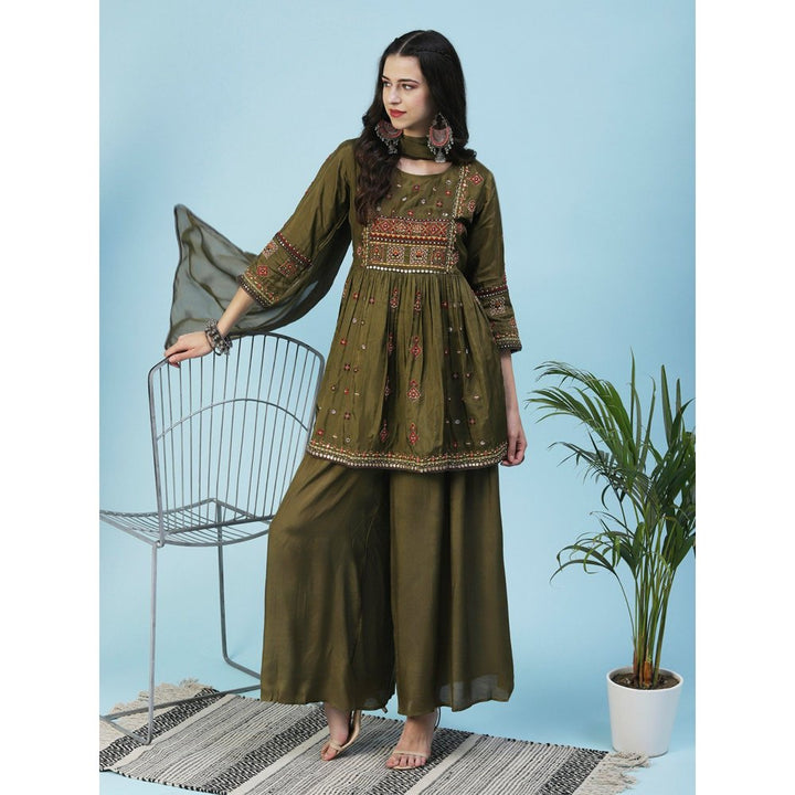 FASHOR Ethnic Embroidered Peplum Kurta with Palazzo & Dupatta - Olive (Set of 3)