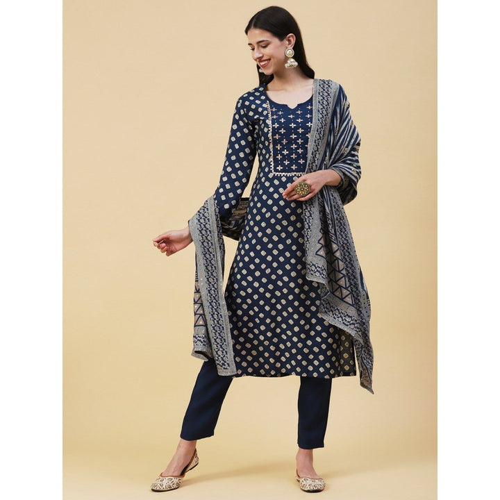 FASHOR Bandhani Printed Gotapatti Embroidered Kurta with Pants & Dupatta Navy Blue (Set of 3)