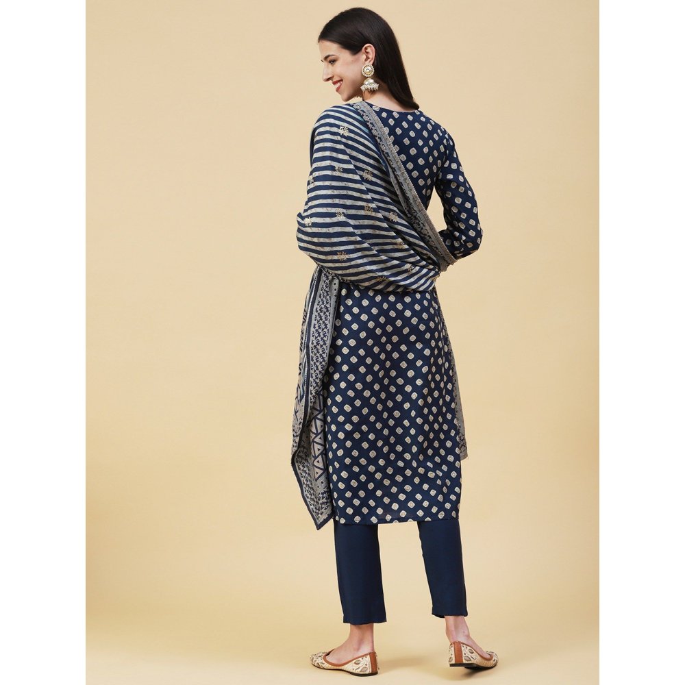 FASHOR Bandhani Printed Gotapatti Embroidered Kurta with Pants & Dupatta Navy Blue (Set of 3)