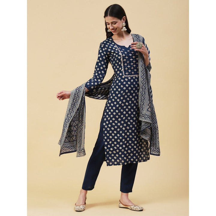 FASHOR Bandhani Printed Gotapatti Embroidered Kurta with Pants & Dupatta Navy Blue (Set of 3)