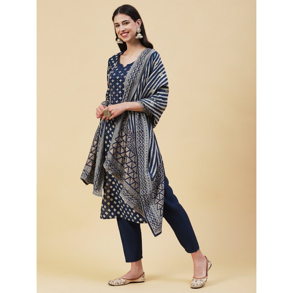 FASHOR Bandhani Printed Gotapatti Embroidered Kurta with Pants & Dupatta Navy Blue (Set of 3)