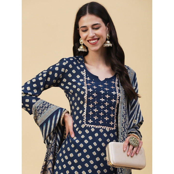 FASHOR Bandhani Printed Gotapatti Embroidered Kurta with Pants & Dupatta Navy Blue (Set of 3)